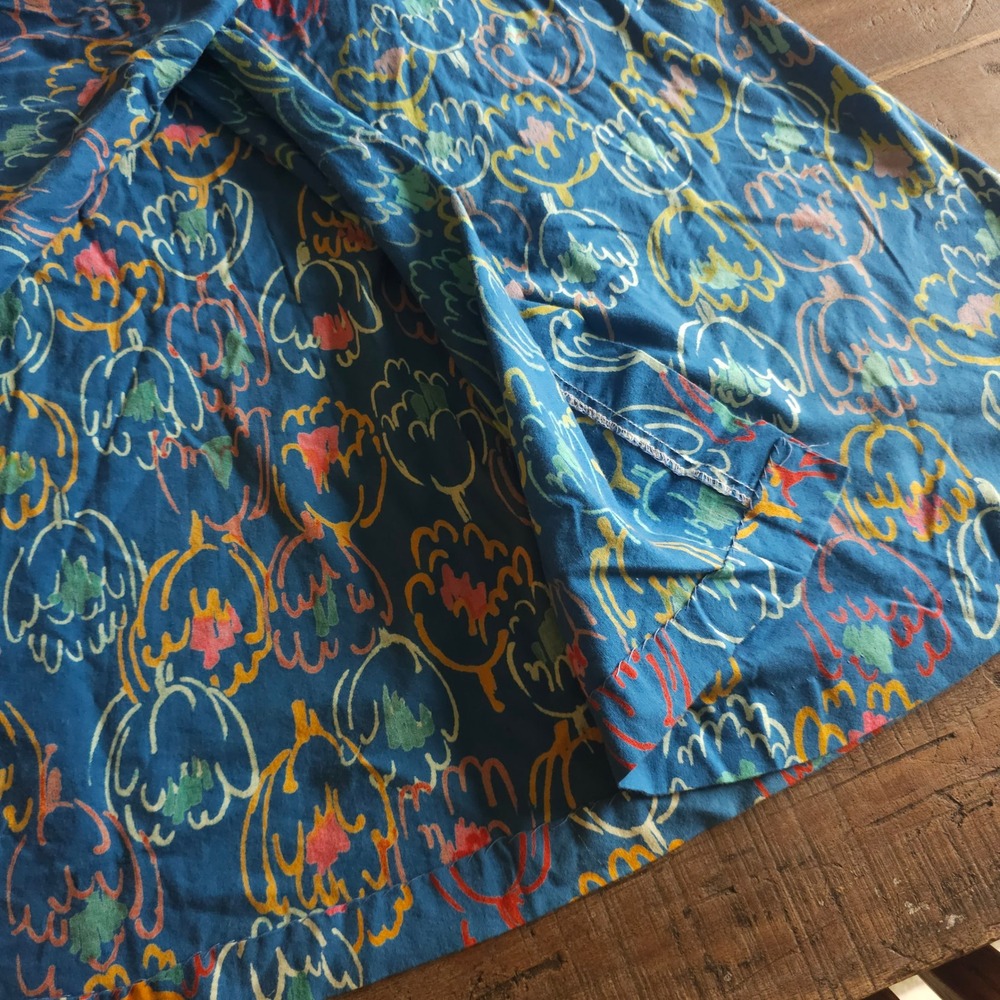 Vintage 1970s Blue Abstract Floral Wrap Skirt A-Line Boho Cotton Midi Skirt - Picture 10 of 13